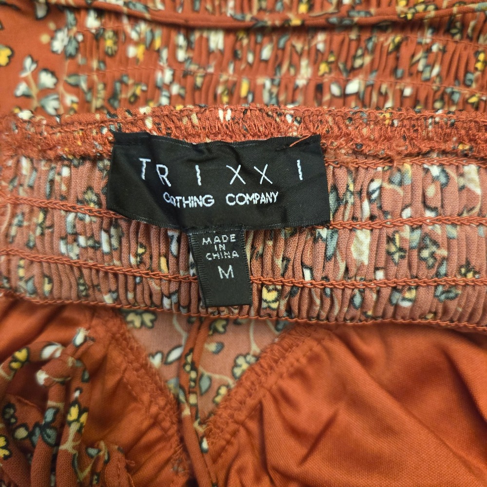 Trixxi Floral Puff Sleeve Mini Dress Rust Orange M Cottagecore Boho Romantic - Picture 7 of 12
